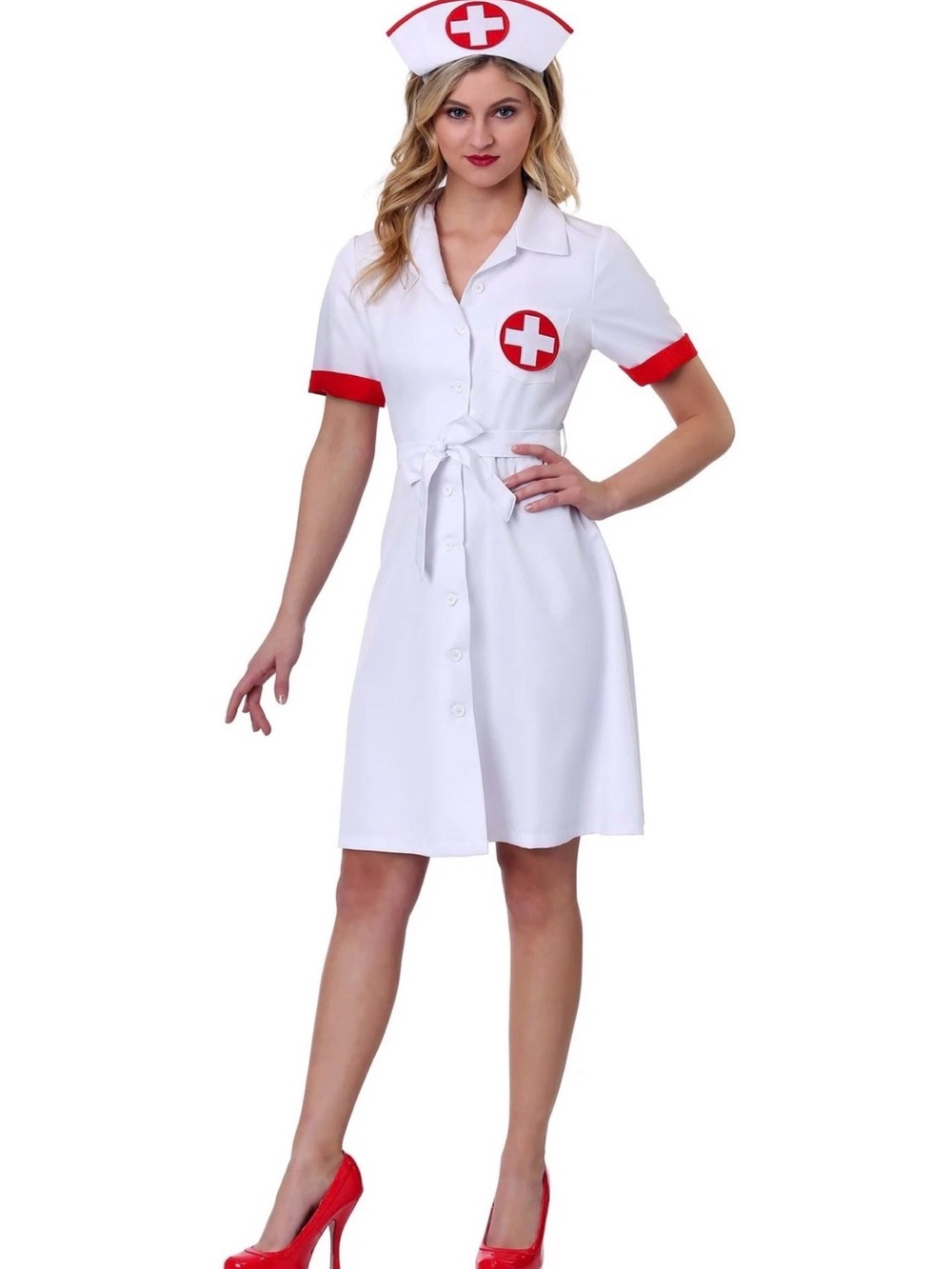 Classic White & Red Nurse Costume Mini Dress with Cap